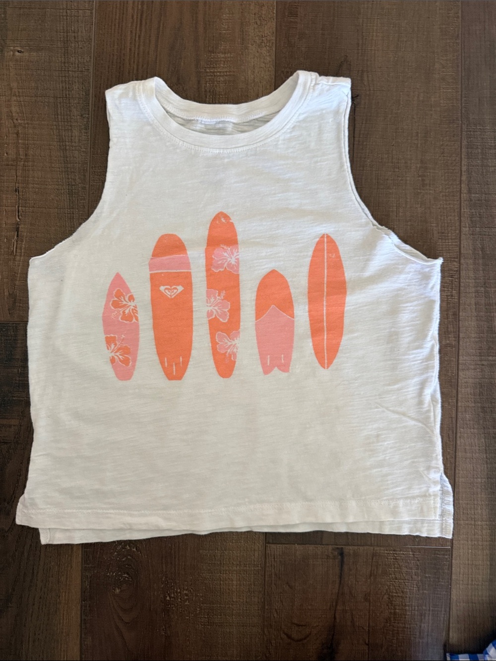 Roxy White Tank Top with Orange and Pink Surfboard Prints